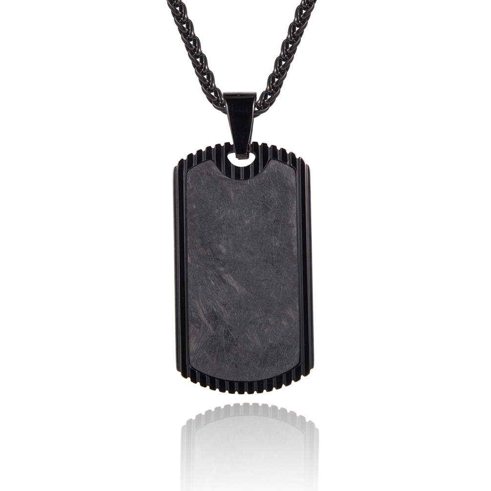Rectangular stainless steel pendant with detailed edging on a black chain.