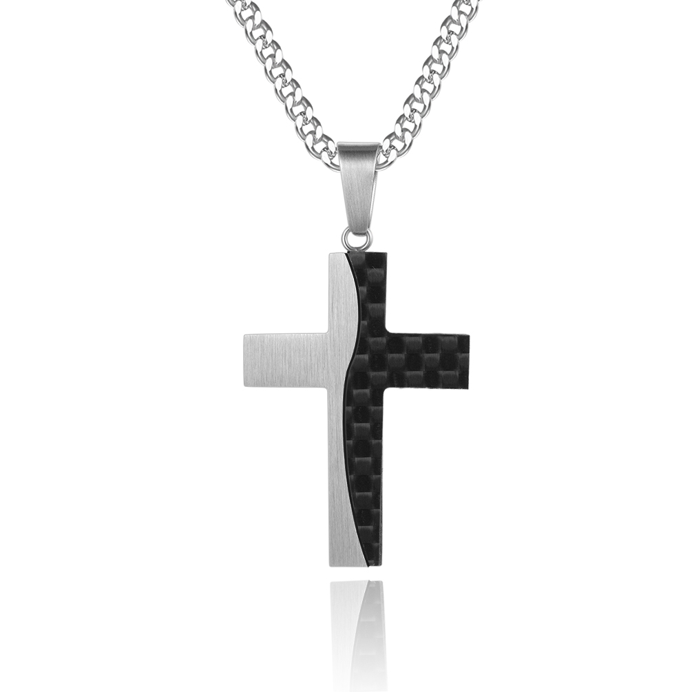 Stainless steel cross pendant featuring a brushed silver finish and black textured inlay, suspended from a silver chain.