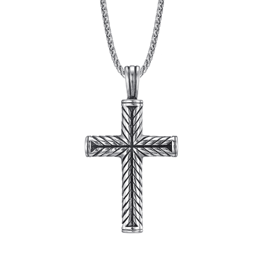 Sterling Silver Cross Pendant with Chevron Braided Design, Centered with a Starburst Detail, Suspended from a Twisted Chain.