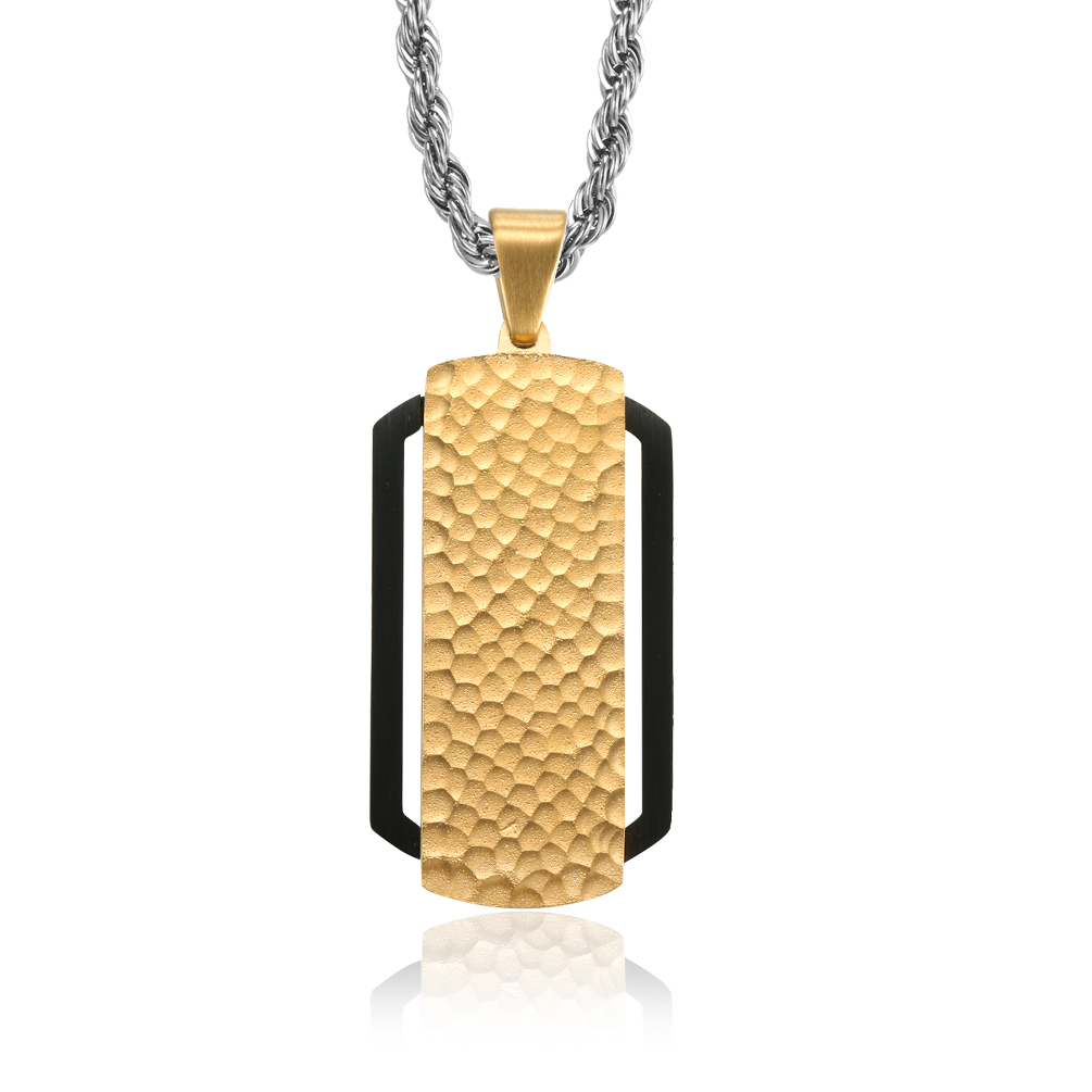 Rectangular Pendant with Hammered Gold Center, Bordered by Sleek Black Accents, Suspended from a Silver Twisted Chain.
