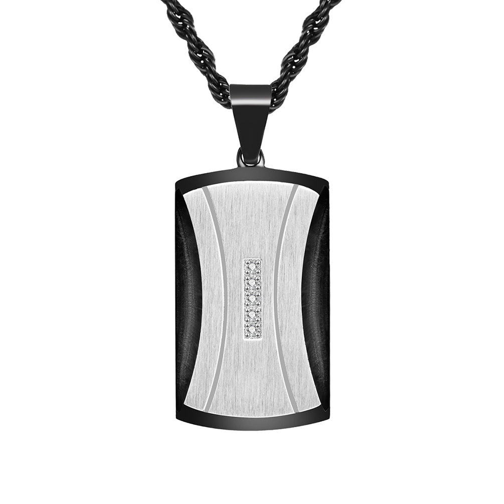 Curved Rectangular Pendant featuring a Brushed Silver Center with a Vertical Line of Diamonds, Bordered by a Bold Black Frame, Suspended from a Black Twisted Chain.