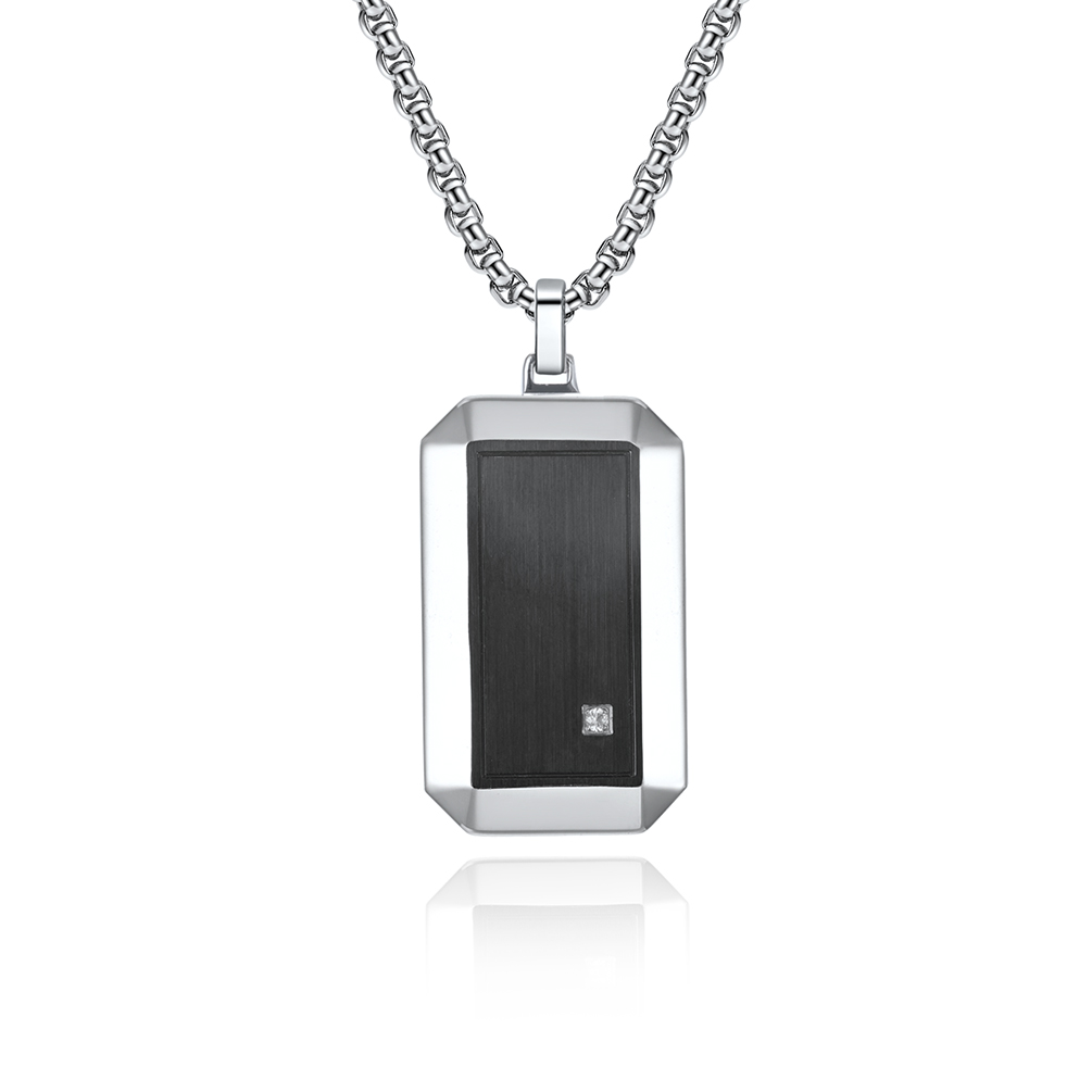 A silver rectangular pendant featuring a brushed black inlay and a single diamond accent, suspended from a heavy silver chain, set against a pristine white backdrop.