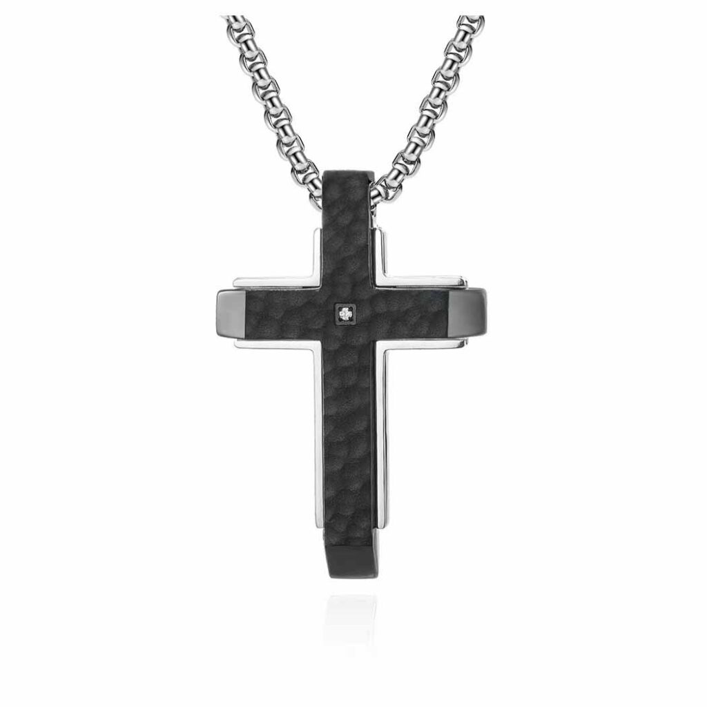 A polished silver cross pendant featuring a deep black textured center with a single embedded crystal, suspended from a thick silver chain, displayed against a white background.