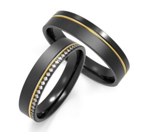 Black Rings with Textured Copper Stripe and Diamond Embellishments