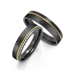 Matte Black Rings with Golden Stripe and Diamond-Studded Band
