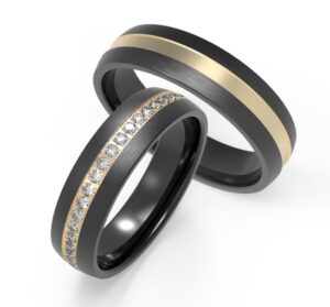 Black ring with gold strip and diamond detailing