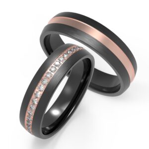 Black and rose gold wedding rings with diamond detailing