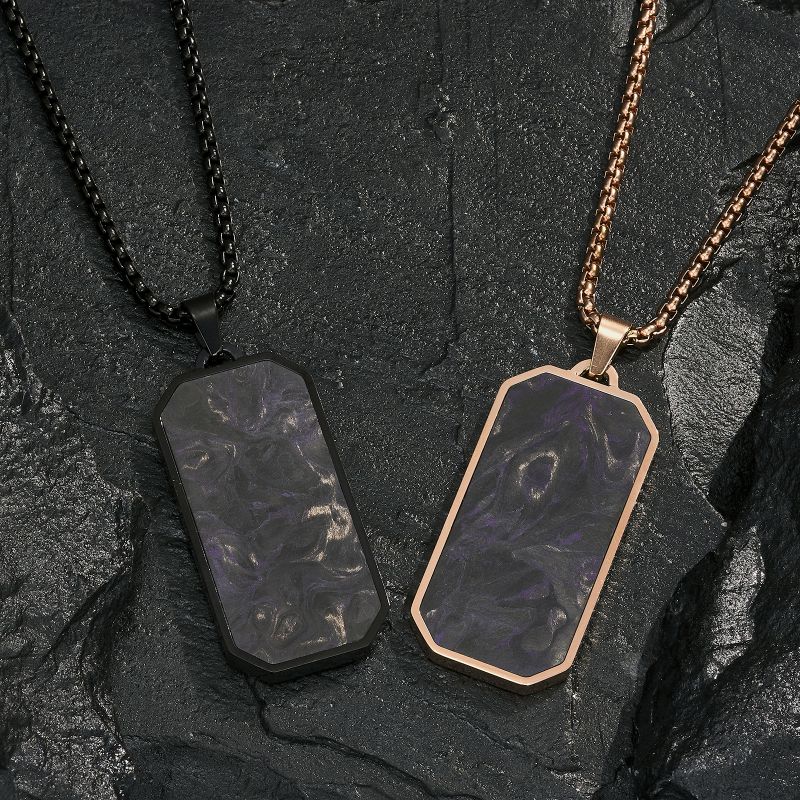 Purple forged carbon fiber dog tag pendants in black and rose gold frame