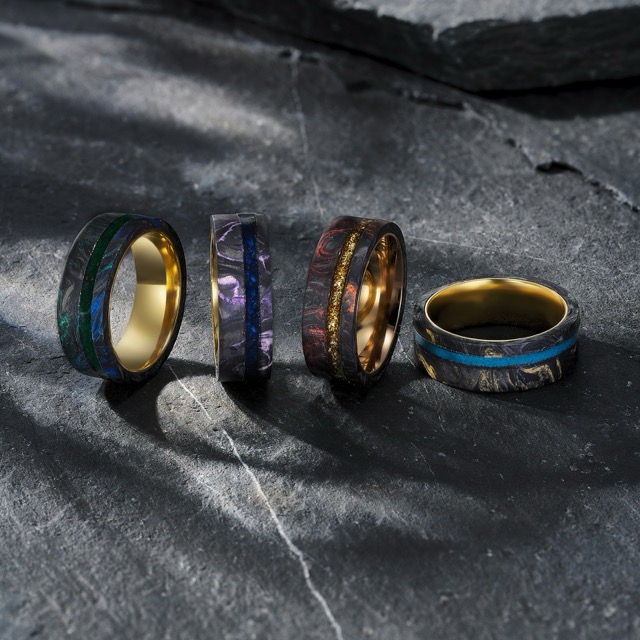 carbon fiber wedding bands with forged carbon fiber and metal inner rings for jewelry brands