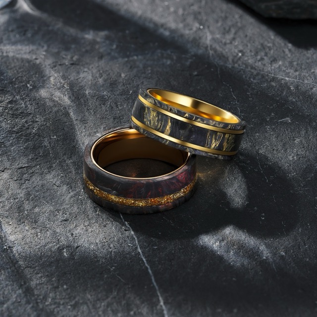 Signature black-and-gold forged carbon fiber rings