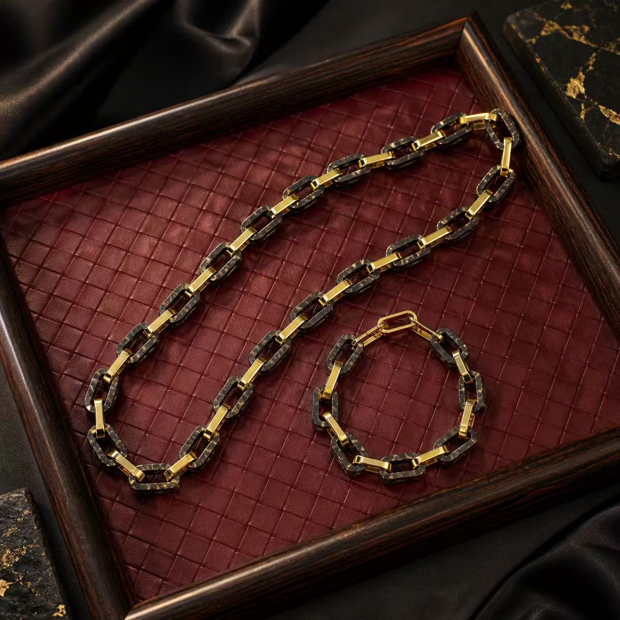 Black and gold forged carbon fiber jewelry set — ring necklace bracelet