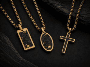Black-gold forged carbon fiber pendant collection for jewelry brands, featuring rectangular, oval, and cross-shaped designs with matching material inlays