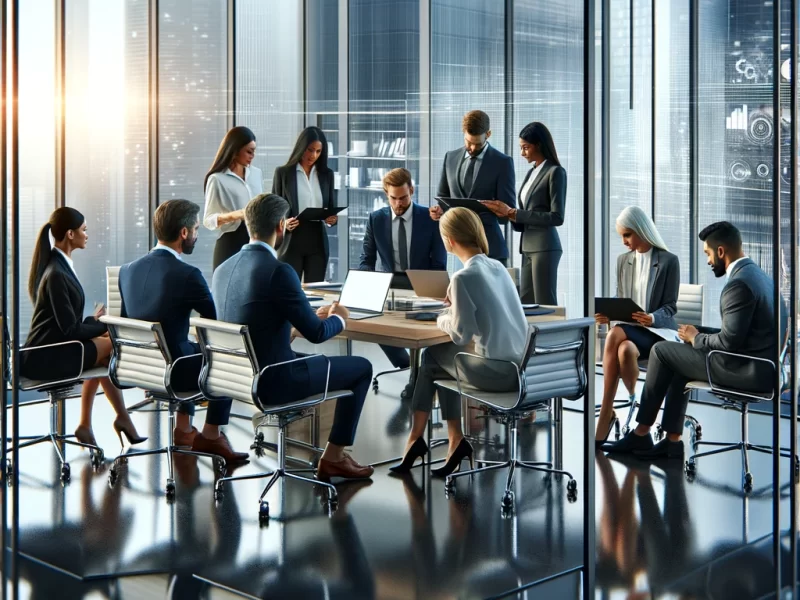 A modern, polished corporate office environment depicting a diverse group of business professionals engaged in a strategic meeting