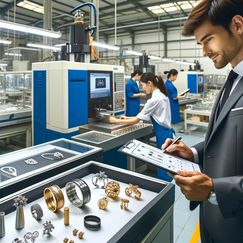 A procurement manager reviewing high-quality stainless steel jewelry designs in a modern Chinese factory, showcasing advanced manufacturing technologi