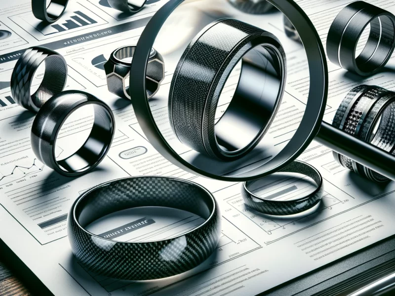 A visually striking and informative image representing a buyer's guide to carbon fiber rings