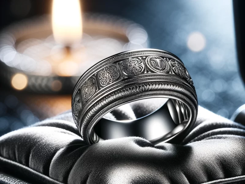 stainless steel ring displayed prominently on a luxurious black velvet cushion. The ring is finely crafted with detailed engrave