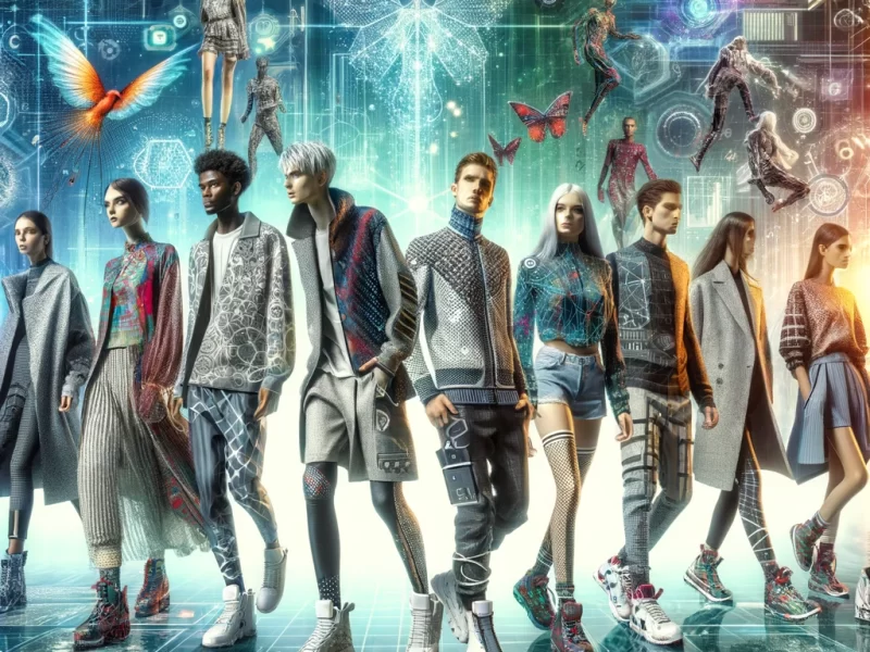 visually represents the merging of technology and fashion, showcasing elements like digital patterns, futuristic clothing designs